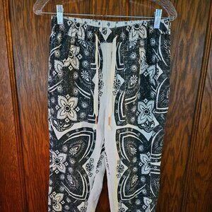 Anthropologie Pilcro Linen Surf Pants Black White Tattoo Floral Medium  XS